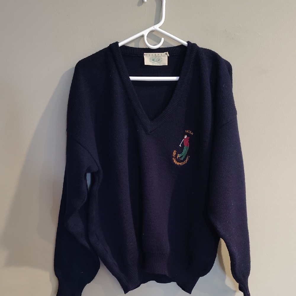 Blarney Mens Large Navy V-Neck Sweater with Golf Embroidered Logo